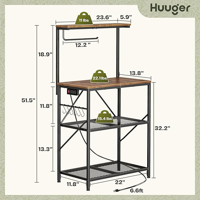 Huuger 4-Tier Bakers Rack with Reversible Power Outlet, 23.6 Inch Microwave Stand, Kitchen Coffee Bar, with Top Shelf, 6 S Hooks, Rustic Brown