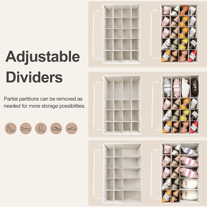 TOPIA HOME Shoe Organizer for Closet 2 Pack, Foldable Shoe Box with Adjustable Divider and Clear Cover, Space Saving Shoe Storage Organizer Cabinet with Reinforced Handles, Fits 40 Pair, Beige, TP11Y