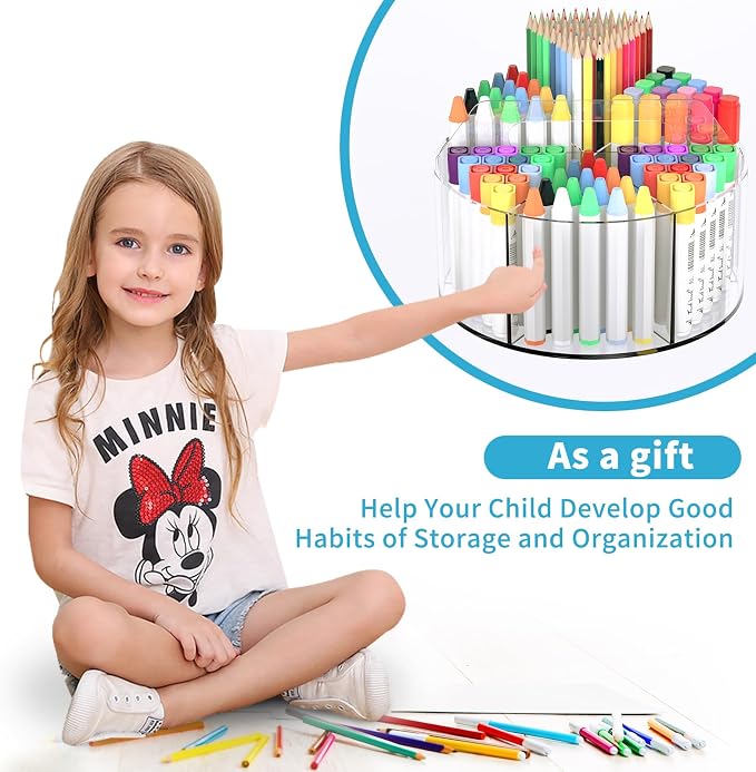 Acrylic Desk Organizer Clear Pen Holder 2 Packs, 360 Degree Pencil Holder for Desk Kids, Rotating Lazy Susan Organizer for School Supplies, Marker Holder Art Supply Storage Organizer with Dividers