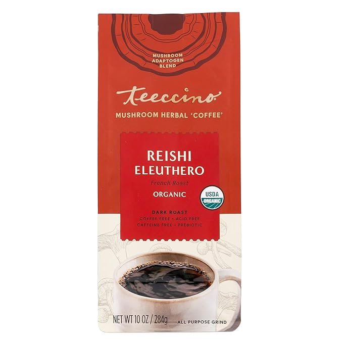 Teeccino Reishi Eleuthero Coffee Alternative - French Roast - Organic Adaptogenic Herbal Mushroom Coffee, Dark Roast, Caffeine Free, Prebiotic, Acid Free, All-Purpose Grind - 10 Oz