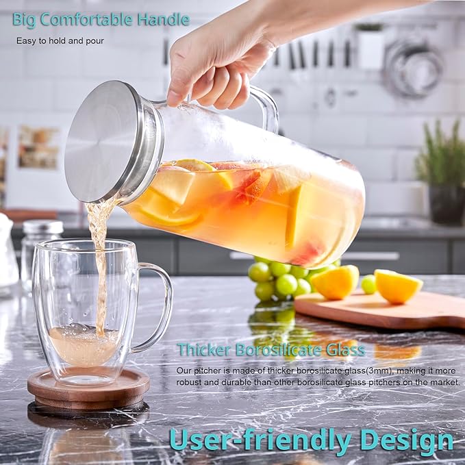 Bivvclaz 2 Liter 68 oz Glass Pitcher with Lid and Handle, Glass Carafe for Hot/Cold Water, Large Iced Tea Pitcher for Coffee, Juice and Homemade Beverage