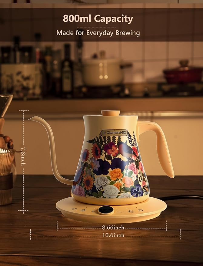 0.8L/27oz Gooseneck Electric Kettle - ±1℉ Precise Temperature Control for Pour Over Coffee & Tea, 1200W Fast Heating, Auto Shut-Off, Built-in Brew Timer, BPA-Free Stainless Steel, Floral