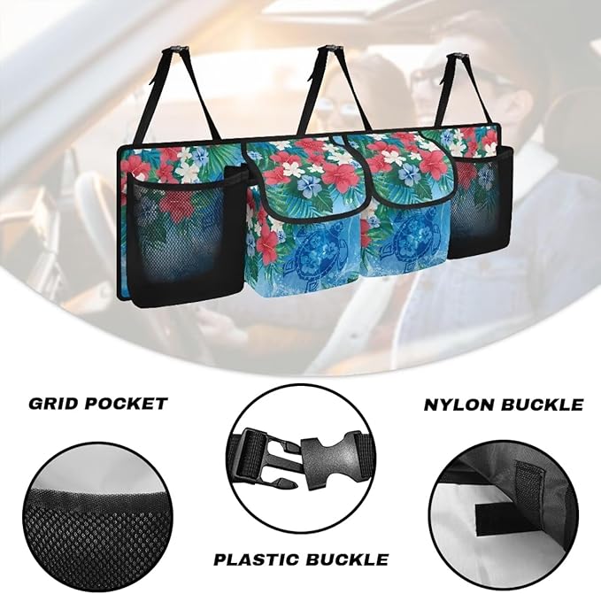 Car Trunk Organizer and Storage with Adjustable Straps, Backseat Hanging Organizer for SUV, Truck, MPV, Waterproof Cargo Storage Bag Car Interior Accessories for Women and Men, Sea Turtle Black