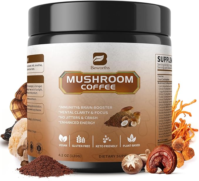 Mushroom Coffee Powder with MCT Oil - 10 Mushrooms Lion's Mane, Turkey Tail, Reishi, Cordyceps & Chaga - Arabica Instant Mushroom Coffee for Focus, Immune, Gut & Brain Health | Vegan, Keto