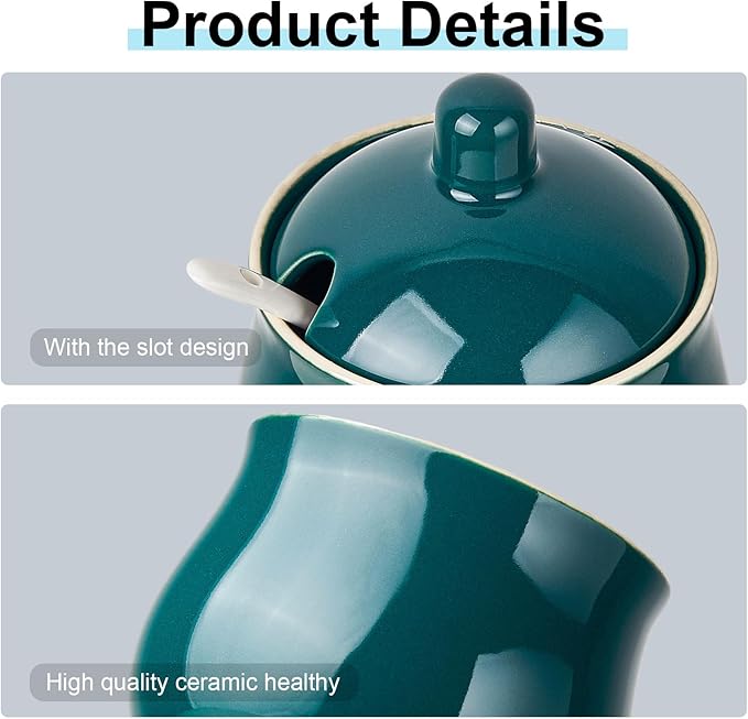 12 OZ Ceramic Sugar and Creamer Set, Coffee Serving Set, 3 Piece Cream Pitcher Sugar Bowl with Lid and Spoon (Dark Teal)