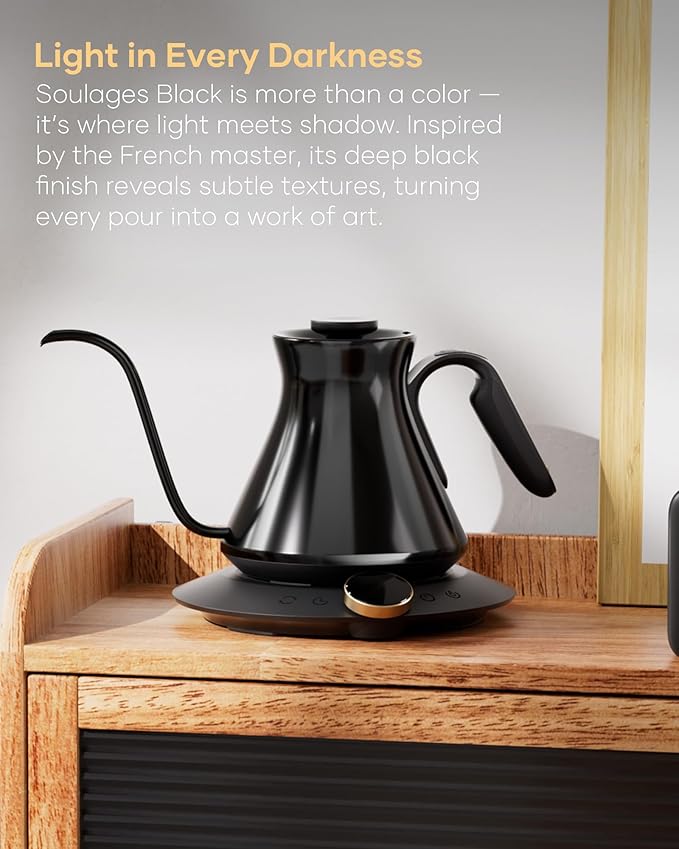 Cocinare Master Collection Soulages Black Gooseneck Electric Kettle, ±0.5℉ Precise Temperature Control for Pour-Over Coffee & Tea, Quick Heating 1500W, Stainless Steel Interior, 0.9L