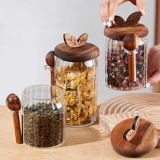 ANSQU Glass Jar with Wooden Lid and Spoon, Food Storage Containers Coffee Jar Coffee Grounds Container, 27oz Coffee Canister holds up to 8.5oz of Coffee Beans