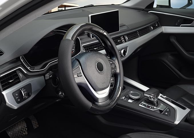 KAFEEK 16 inch Classic Carbon Fiber Steering Wheel Cover Compatible with F150 F250 F350 Ram 4Runner Tacoma Tundra Range Rover, Breathable Microfiber Leather, Black