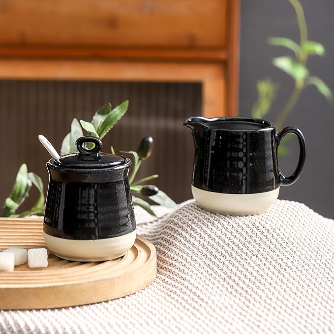Ceramic Sugar and Creamer Container Set of 3,10 Ounce Cream Pitcher,11 Ounce Sugar Bowl with Lid and Spoon,Farmhouse Coffee Bar Accessories Set for Serving,Microwave & Dishwasher Safe,Black