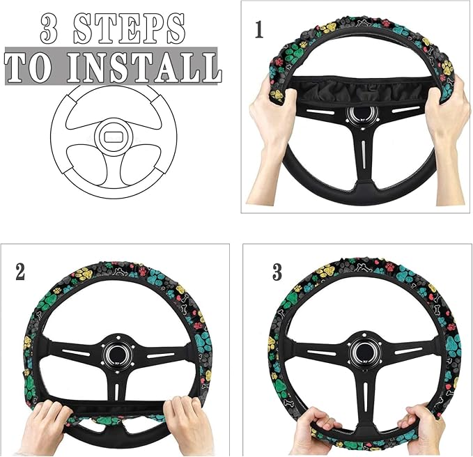 AFPANQZ Puppy Paws Print Steering Wheel Protection Stretch-on Fabric Machine Washable Women Men Neoprene Automotive Steering Wheel Covers Sweat Absorption Comfort Grip for Driver Black Colorful
