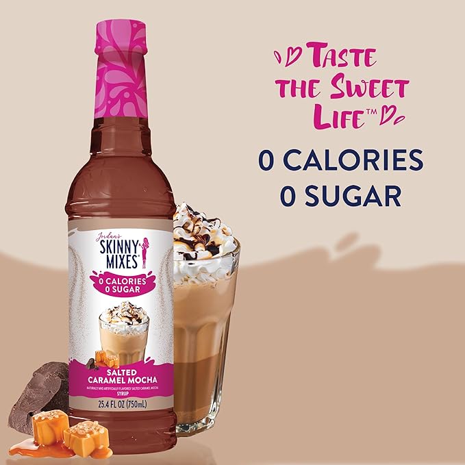 Jordan's Skinny Mixes Sugar Free Coffee Syrup, Salted Caramel Mocha Coffee Flavoring Syrup, Zero Calorie Drink Mix, Lattes, Baking, Protein Shake or Cocktail, Dairy & Gluten Free, Kosher, 25.4 Fl Oz