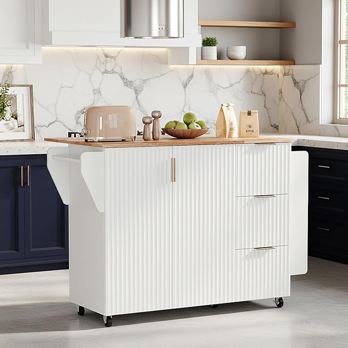 VINGLI Fluted Kitchen Island Cart on Wheels with Storage, Folding Rolling Kitchen Island with Drawers, Small Portable Island Table with Extendable Rubber Wood Top, White