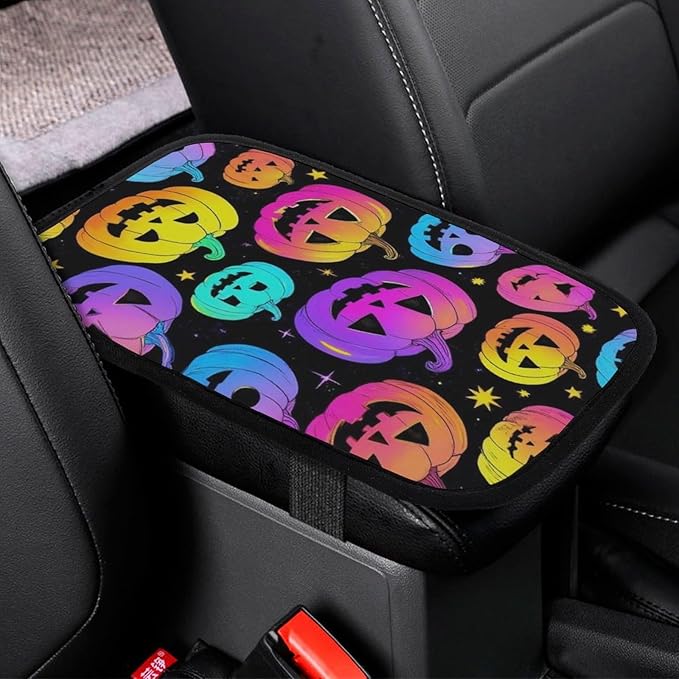 Auto Center Console Car for Halloween Trippy neon Pumpkin Skull Fits Universal Car Soft Comfort Armrest Cushion Handrail Box Cover