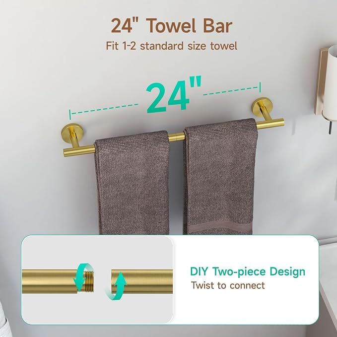 USHOWER Brushed Gold Bathroom Accessories Set, 24-Inch Towel Bar Set Wall Mounted, Durable SUS304 Stainless Steel Bathroom Hardware Set, 8-Piece