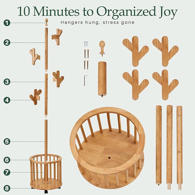Wood Coat Rack with Umbrella Holder - Wooden Coat Tree Rack Freestanding Heavy Duty Stand with 12 Hooks, Rolling Hat Hanger Racks with Wheels for Bedroom Entryway Hallway Livingroom Corner (Natural)