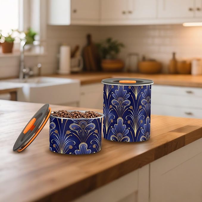 ALAZA Floral Royal Blue & Gold Damask Airtight Coffee Bean Canister 900ml Food Storage Containers with Lids For Gournd, Tea, Sugar, Flour, Rice, Cereal, Candy Cookie Jar