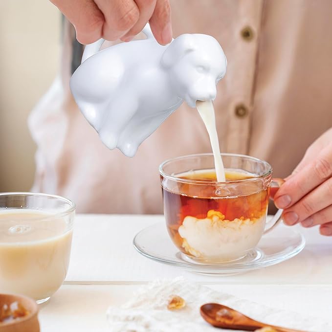 HIC Kitchen Mini Dog Creamer With Handle, Fine Porcelain, 2-Ounce, For Serving Milk, Cream, Syrup, Dressings, And Sauces