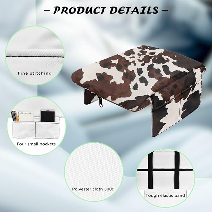 Dreaweet Brown Cow Print Center Console Cover Pad Cute Car Accessories for Women Thick Arm Rest Cover with Pockets for Car SUV Truck Soft Comfortable Car Armrest Cushion