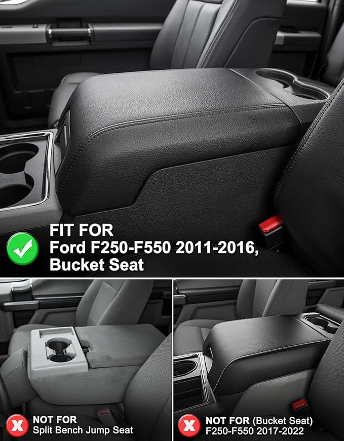 KBH Center Console Armrest Cover for Ford F250 F350 F450 F550 2011-2016, Auto Arm Rest Box Cushion Pad, PU Leather Trim, Anti-Scratch, Black-Blue Stitch (Fits Bucket Seat Only)