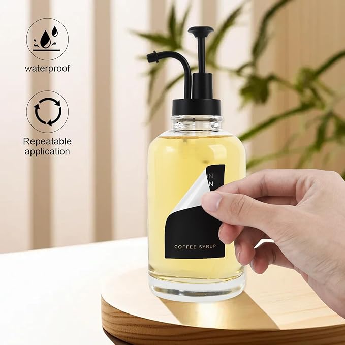 Joyfulmap 2 Coffee Syrup Dispenser with 18 Labels, Black Pump Dispenser with bottles for Coffee Bar, Minimalist Glass Coffee Bottle, Simple Maple/Coffee Syrup Bottles w. Black Labels,16.9 oz 500 ml