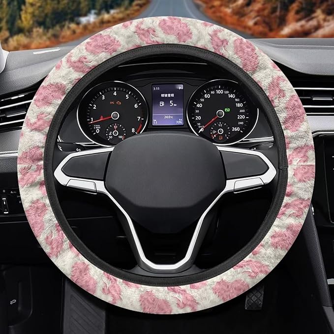 Universal Non-Slip Steering Wheel Cover, 15-inch Polyester Material Driving Accessories, Adjustable for Car and Truck(Blush Pink Furry Leopard)