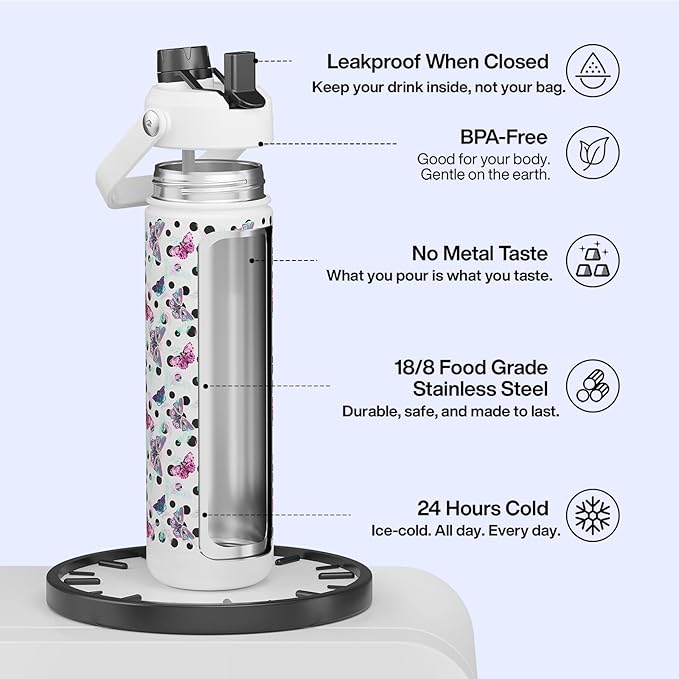ENCOOL Insulated Water Bottle with Straw Stainless Steel Water Bottle, Glow in the Dark, Leak-Proof, BPA-Free, Keeps Cold for 24 Hours for Sports, Travel, School (26 oz, White Butterfly)