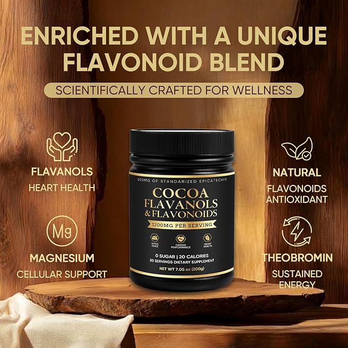 High Flavanol Cocoa Powder | 1200mg per Serving with Cocoa Flavanols, Flavonoids & 600mg Epicatechin | Improve Circulation, Energy, Supports Heart Health & Brain Function | 150g