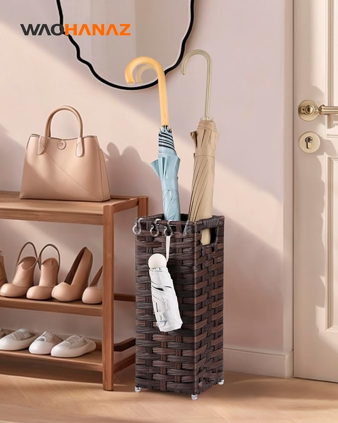 Rattan Umbrella Stand, Umbrella Holder for Entryway, Hand Woven Umbrella Rack Organizer Freestanding, with a Detachable Drip Tray, 4 Hooks, 6.5" L x 6.5" W x 16.5" H, Brown