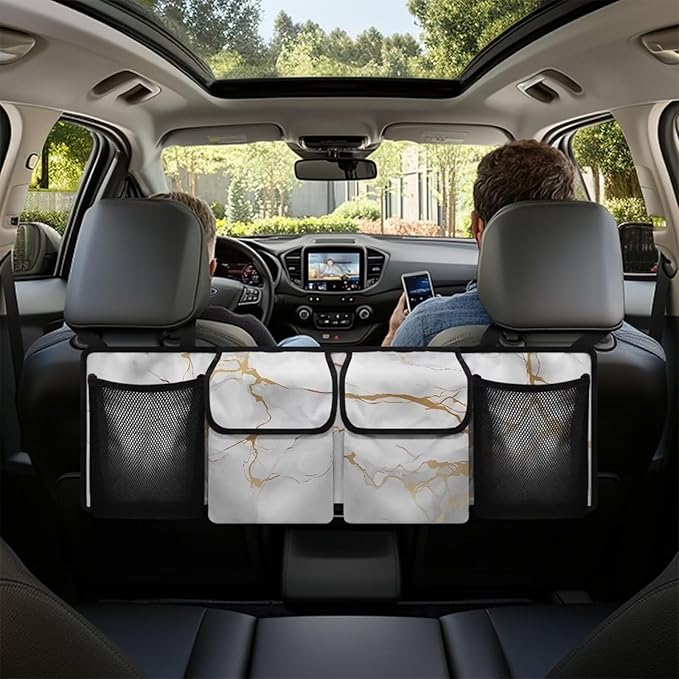 Car Trunk Organizer, White Marble Large Capacity Auto Backseat Hanging Storage Bag with Adjustable Strap & 4 Pockets, Space Saving Car Back Seat Cargo Bag, Car Interior Accessories