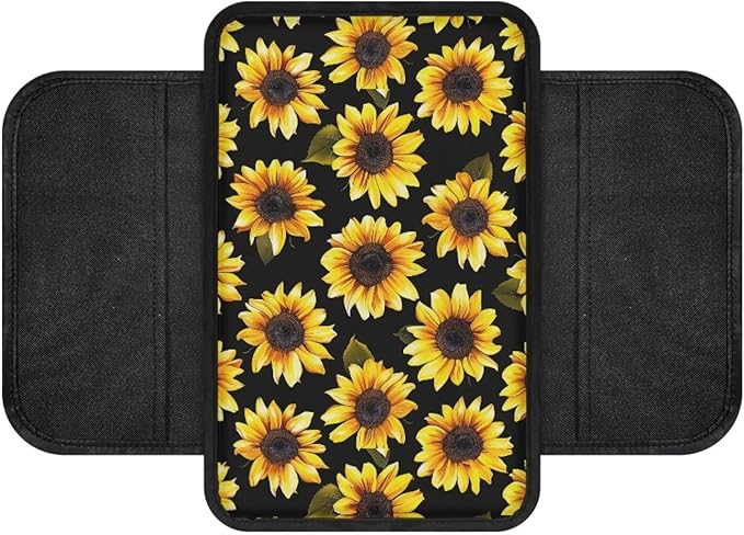 BIGCARJOB Sunflower Car Center Console Cover with Side Storage Auto Interior Accessories Cute Sunflower Print Car Armrest Seat Box Cover Cushion Universal Car Armrest Organizer