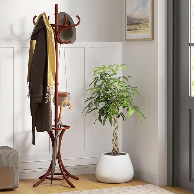 Giantex Solid Wood Coat Rack, Freestanding Hanger Stand w/12 Hooks, Umbrella Holder, Entryway Hall Tree for Coat, Hats, Scarves, Bags, Wooden Garment Rack for Bedroom, Hallway (Reddish Brown)