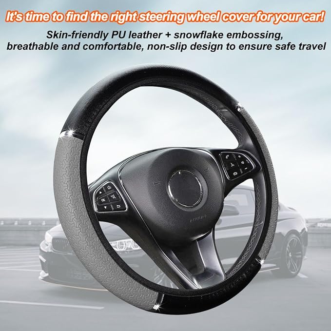 Car Steering Wheel Cover, PU Leather Elastic Vehicle Steering Wheel Protector, 14.5-15 Inches Non Slip Automotive Interior Steering Wheel Accessories, Universal Fit (Gray)