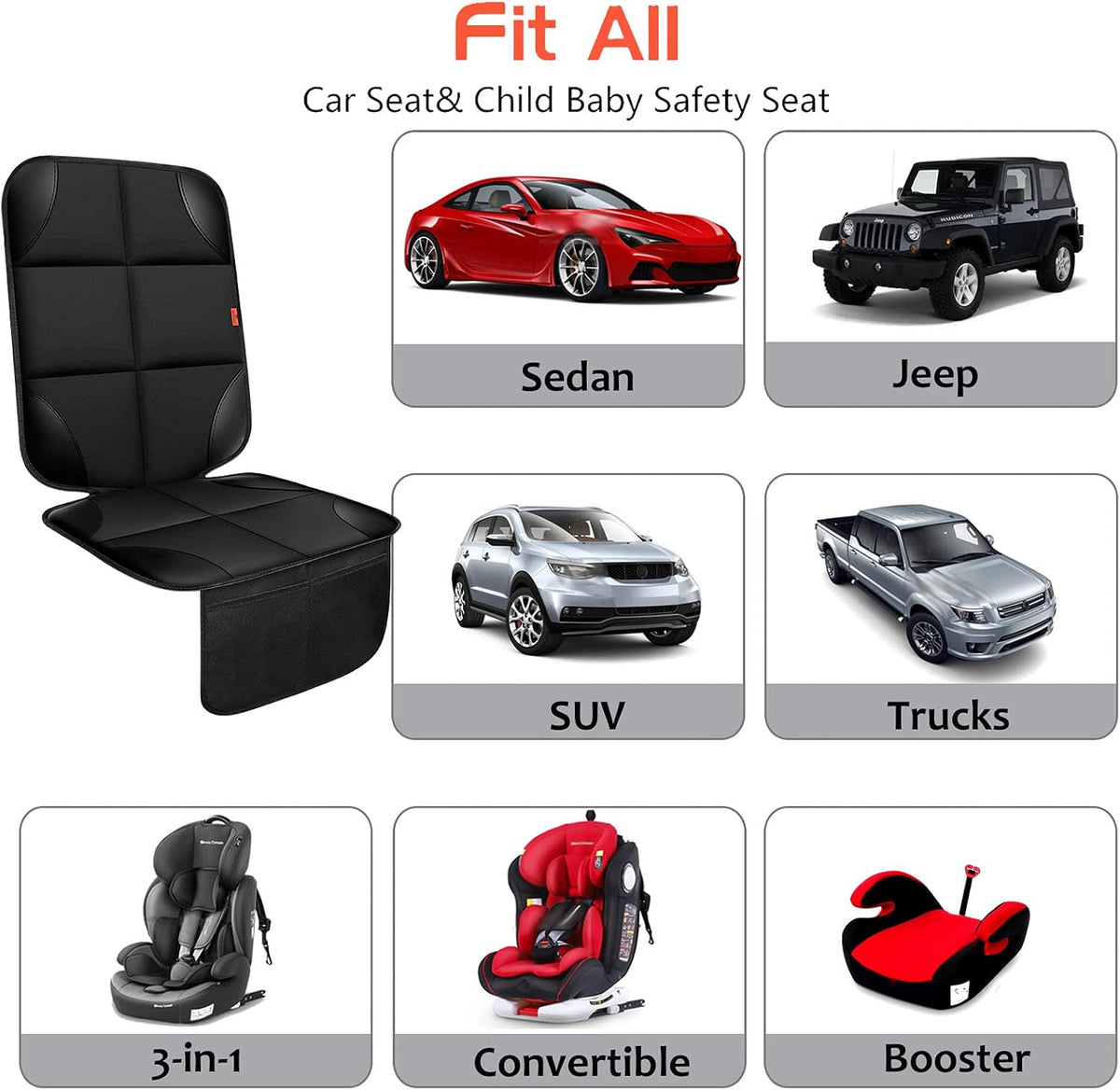 Car Seat Protector 1 Pack Car Seat Cushion Mat Thickest Padding,Waterproof 600D Fabric Car Seat Covers for Non-Slip Backing Mesh Pockets for Baby and Pet (Black, 1 Pc)