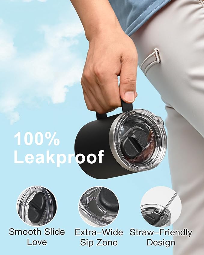 Insulated Coffee Mug 12 oz, Double Wall Stainless Steel Coffee Mug with Lids, Leak-Proof & Detachable Slider Lid for Thorough Clean, Keeps Coffee Cold for 9 Hrs, Suitable for Camp Home Office