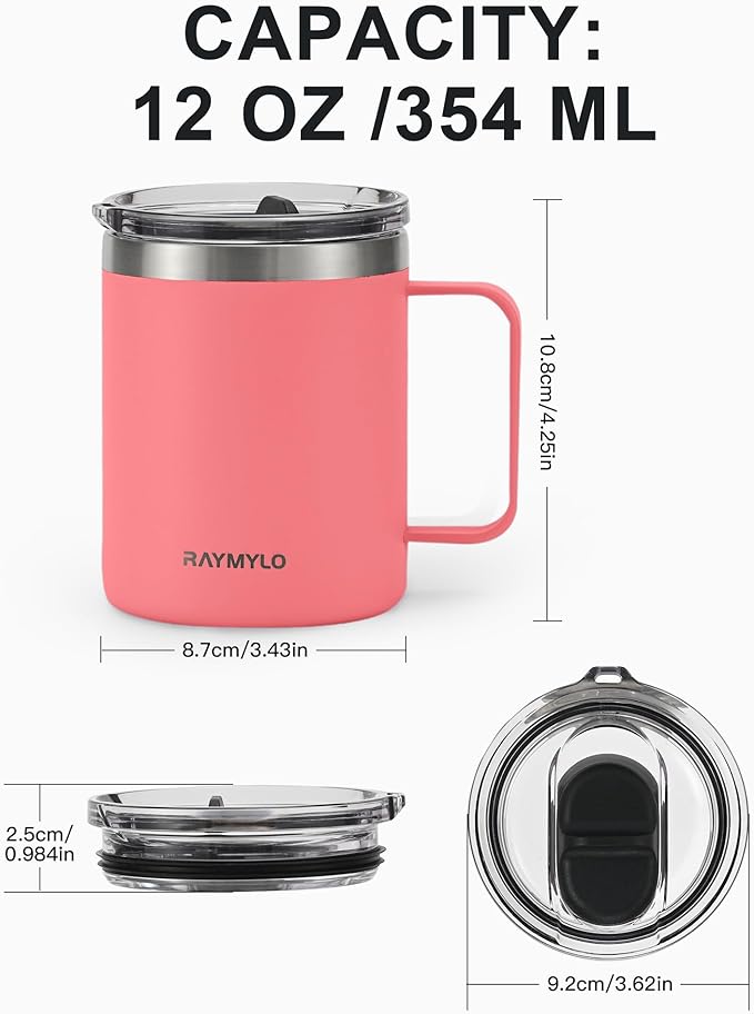 Insulated Coffee Mug 12 oz, Double Wall Stainless Steel Coffee Mug with Lids, Leak-Proof & Detachable Slider Lid for Thorough Clean, Keeps Coffee Cold for 9 Hrs, Suitable for Camp Home Office