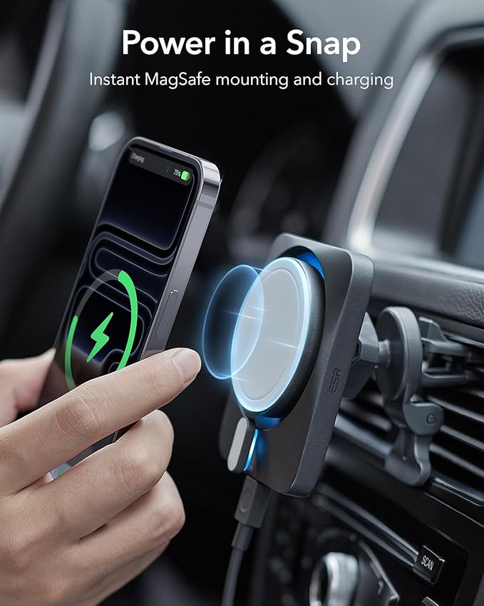 ESR for 15W MagSafe Car Mount Charger with CryoBoost, Made for Apple-Certified, for MagSafe Car Mount, Magnetic Wireless Car Charger for iPhone 17e/17-12, S26/S25, Fast Charging, Phone-Cooling Charger