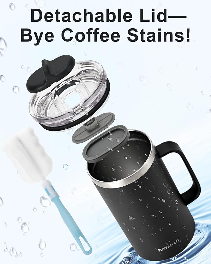 Insulated Coffee Mug 24 oz, Double Wall Stainless Steel Coffee Mug with Lids, Leak-Proof & Detachable Slider Lid for Thorough Clean, Keeps Coffee Cold for 9 Hrs, Suitable for Camp Home Office