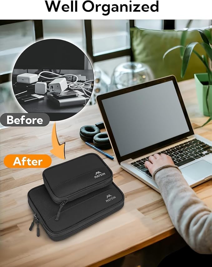 MATEIN Charger Organizer Travel Case 2 Pack, Cable Bag Organizer for Tech Accessories, Water Resistant Cord Case for Work, Sturdy Cable Pouch for Crods, Phone, Powerbank, Gifts for Men, Black