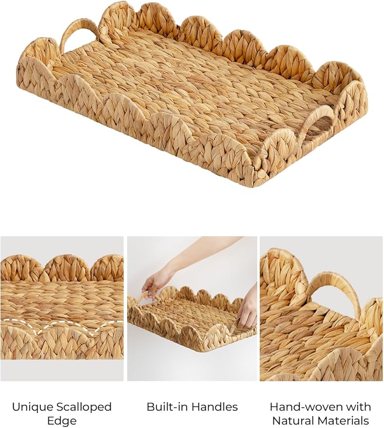StorageWorks Large Wicker Scalloped Edge Serving Tray, Rectangle Tray with Built-in Handles, Hand-Woven Scalloped Rattan Tray, Wicker Trays for Décor, Natural Water Hyacinth