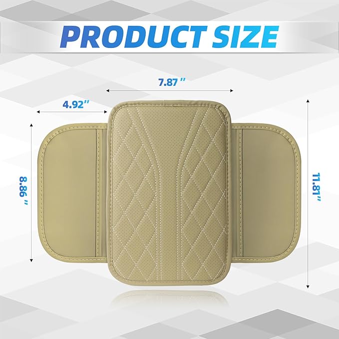 Car Center Console Cover, 11.8"×6.7" Leather Armrest Cover for Cars, Multifunctional Auto Armrest Cushion Pad with Storage Pocket, Universal Arm Rest Protector Car Accessories (Beige)