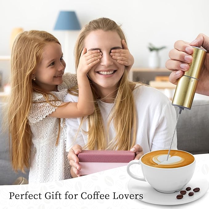 Battery Operated Coffee Frother by ELMWAY, Stainless Steel Electric Whisk, Mini Milk Frother Handled for Coffee, Latte, Matcha and Protein Powder (Gold without Stand)