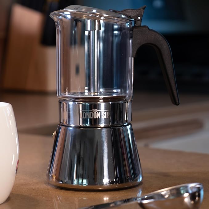 The London Sip Glass and Stainless Steel Stovetop Espresso Maker Moka Pot Italian Coffee Percolator, Glass, Small (5.07 oz)