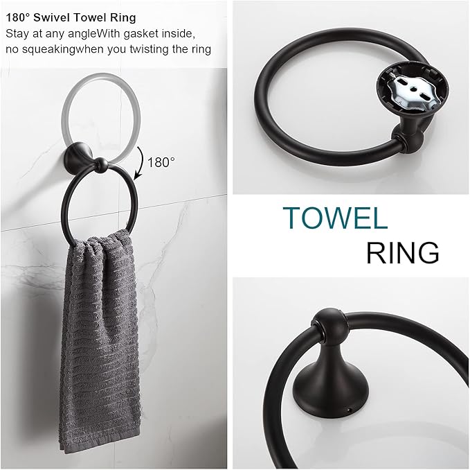BGL Bathroom Accessory Set, Matte Black Adjustable Expandable Towel Bar 4-Piece Bathroom Hardware Set Wall Mounted Robe Hook Toilet Paper Holder Towel Ring Towel Bar