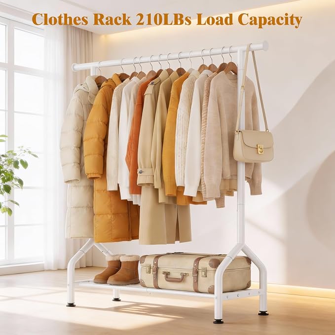 EAGMAK Sturdy Clothing Racks with Shelf, Metal Clothes Rack with Leveling Feet for Hanging Clothes, Freestanding Garment Coat Rack for Bedroom, Apartment & Small Spaces, White