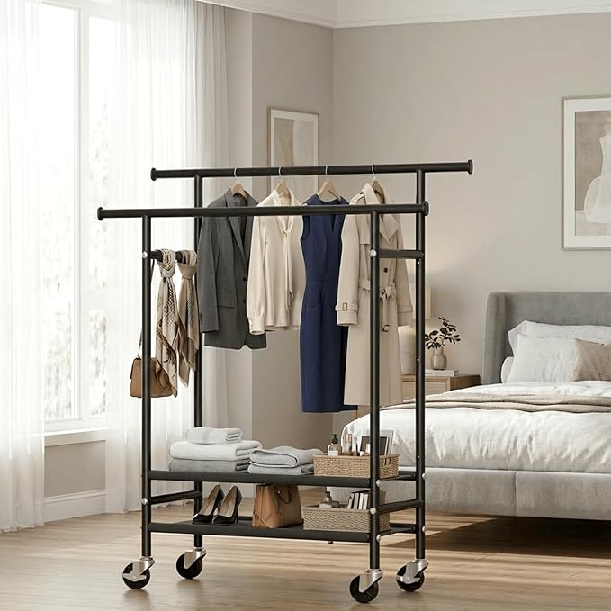 HYSEYY Rolling Clothes Racks, Double Rods Clothing Rack