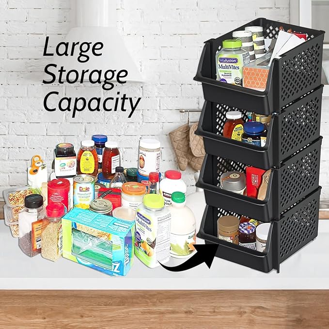 Skywin Stackable Storage Bins Open Front for Pantry Storage, 4 Pack - Black | Sturdy Plastic, Easy Stacking, Open Front Access, Ventilated Sides, Vertical & Space Saving Pantry Organizers and Storage Bin