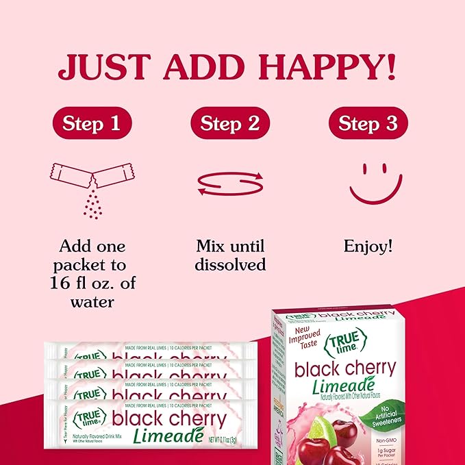 TRUE LIME Black Cherry Limeade Drink Mix (10 Packets) | Made from Real Limes | No Preservatives, No Artificial Sweeteners, Gluten Free | Water Flavor Packets & Water Enhancer with Stevia