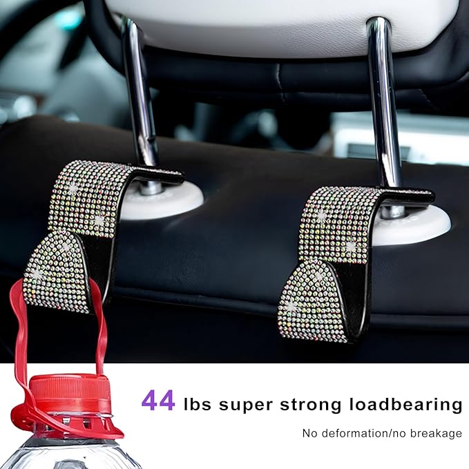 4 PCS Car Seat Headrest Hooks, Bling Crystal Rhinestone Back Seat Hanger Storage Organizer, Sparkly Seatback Holder Hooks for Purse and Bags Universal For Most Vehicles (Colorful)