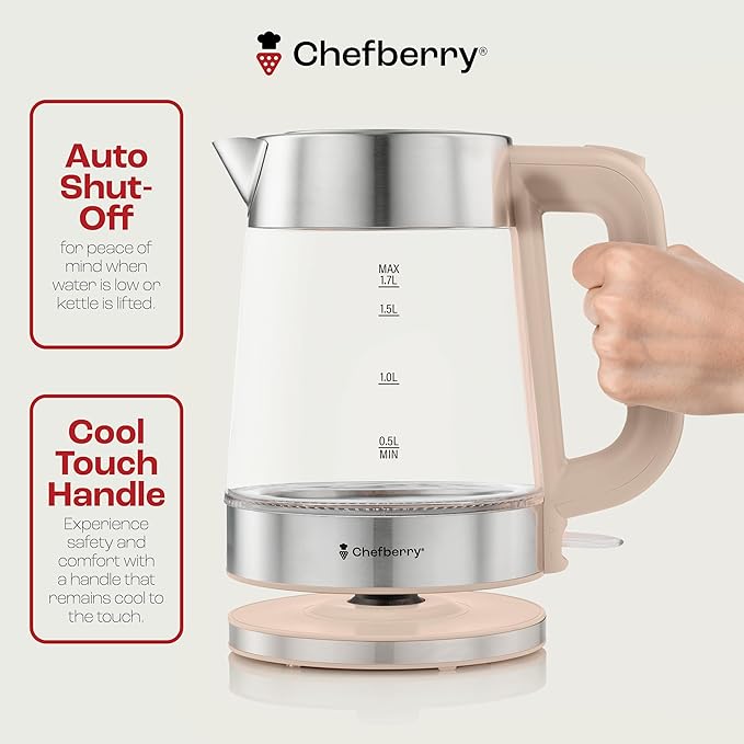 Electric Kettle for Boiling Hot Tea & Water | 1.7L Stainless Steel Borosilicate Glass Boiler With No Plastic, Automatic Shutoff, BPA Free, Fast Heating Technology (Cream)