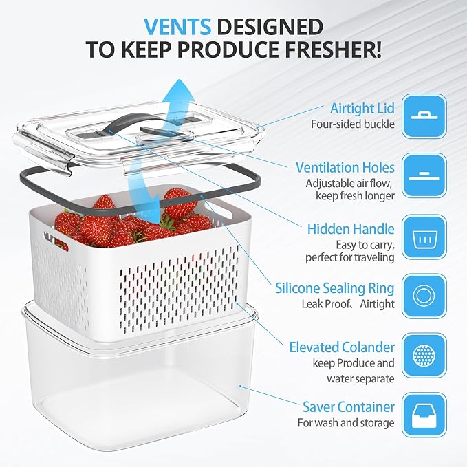 damynuo 10Pack Fruit Storage Containers for Fridge - Berry Containers with Vent and Handle Lids, Fruit Containers for Fridge with Colander, lettuce keeper for Refrigerator Organizers and Storage